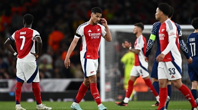 Hình ảnh các cầu thủ Arsenal thất vọng sau trận đấu với PSG, thể hiện một đêm không như ý tại Champions League